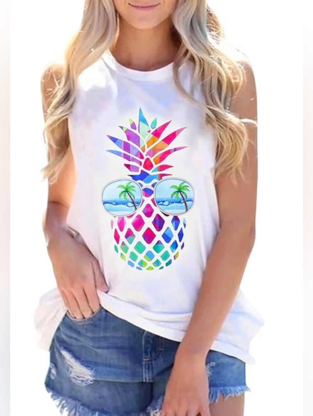 White Cotton Blend Pineapple Graphic Slevless Top L